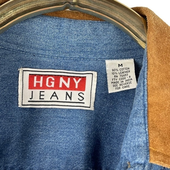 VINTAGE HGNY JEANS LEATHER TRIM DENIM BUTTON DOWN SHIRT - Picture 12 of 13